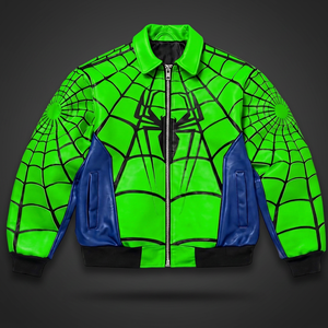 Chaqueta Bomber de PU con Diseño de Telaraña Verde para Hombre, Cierre de Cremallera, Cuello Camisero, Estilo Casual de Otoño - Product Image 3