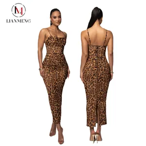 LM B997 2023 Women's Summer Custom Colors Casual Dress Waist Ruched Rayon Fabric Midi leopard print Dresses