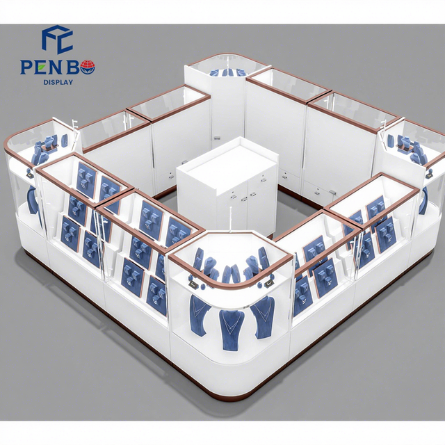 Luxury Custom Retail Display with LED Lighting and Glass Showcase for Shopping Mall Jewelry Kiosk