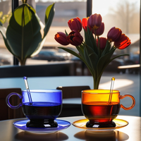 Set Cangkir Kopi dan Piring Kaca Borosilikat Vintage Kreatif Berwarna-warni, Dapat Disterilkan dengan Microwave atau Api Terbuka