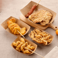 Barquettes alimentaires jetables en papier kraft en gros, estampées à chaud, couleurs et logos personnalisés. Contenants à emporter pour hamburgers, frites et en-cas.
