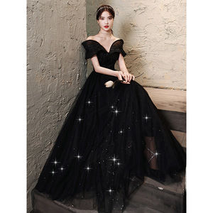 Off The Shoulder Black Evening Gown Empire Waist Ball Gown Organza Long Dress For Banquets Runway Events - Product Image 1