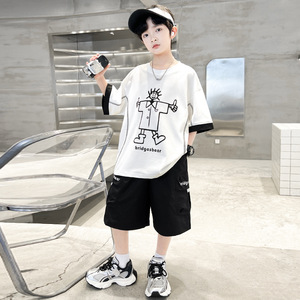 Ensemble de Vêtements pour Garçon Adolescent Été 2026 – T-shirt Imprimé <span class=keywords><strong>Bleu</strong></span> + Short – 2 Pièces Décontracté Grande Taille – 3 Couleurs - Product Image 5