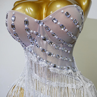 Robe mini sans bretelles à franges et sequins, ornée de strass et de perles, en maille, pour scène, tenue de performance pour femme, sur mesure, style Drag Queen
