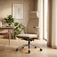 Chaise de bureau exécutive en cuir marron à dossier haut avec hauteur réglable, appui-tête réglable, accoudoirs fixes et pivotante pour salon