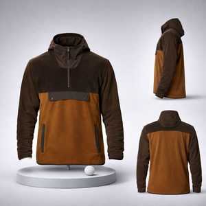 Sweat-shirt de randonnée en polaire tricoté patchwork à col zippé 1/4 personnalisé pour homme, avec blocs de couleur et capuche - Product Image 1