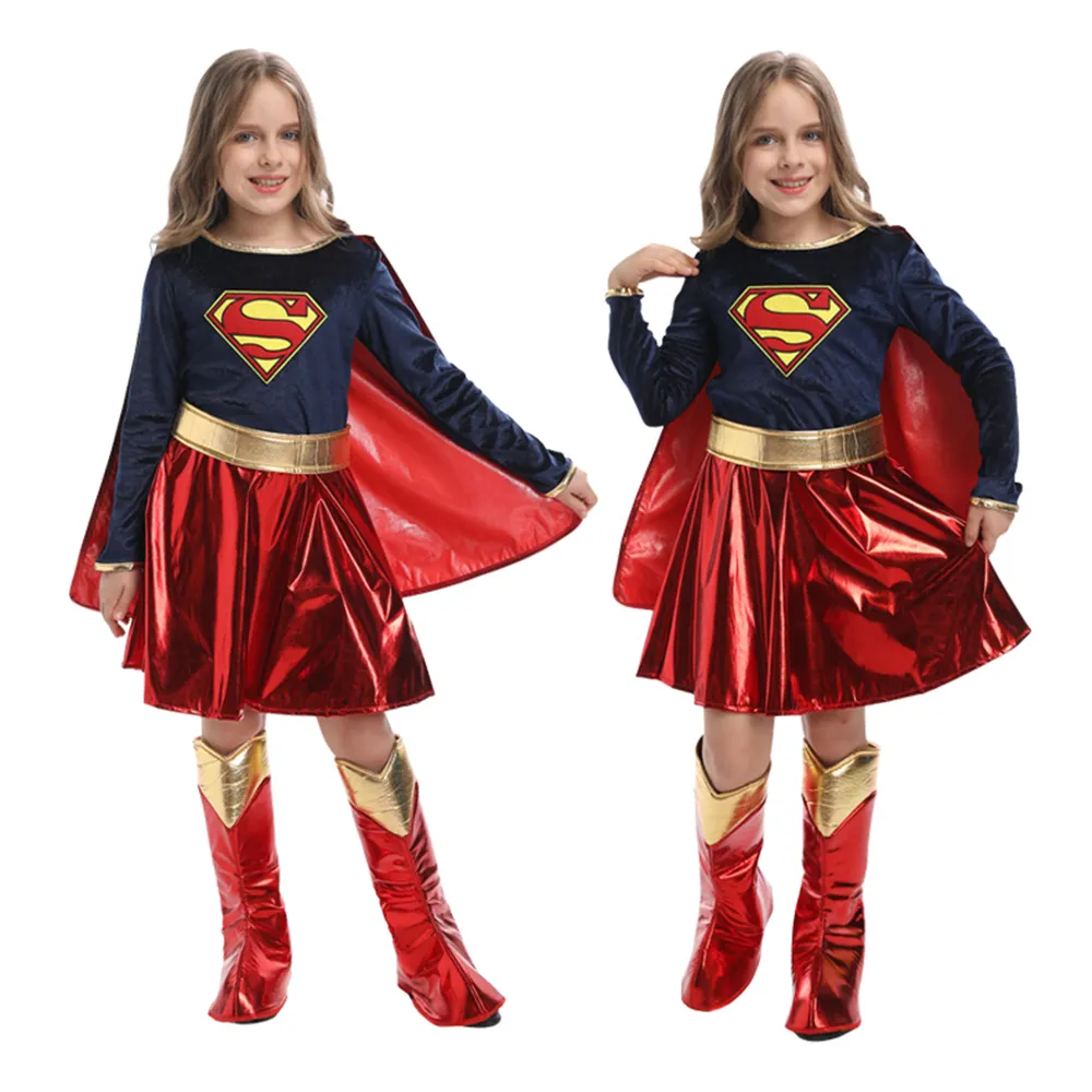 Penjualan laris kostum Supergirl kualitas tinggi untuk anak perempuan pesta karnaval pertunjukan panggung hadiah Dandan