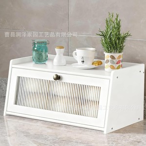 Bread Storage Box Rectangle Flip Top Breathable Home <b>Kitchen</b> Desktop Organizer White Natural Wood Color - Product Image 1