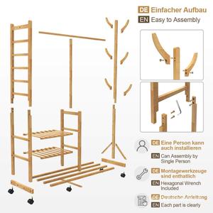 Bamboo <b>Clothes</b> <b>Rack</b> With 6 Hooks And 3 Garment Hooks Multifunction Standing Type For Living Room Clothing Organizer - Product Image 2