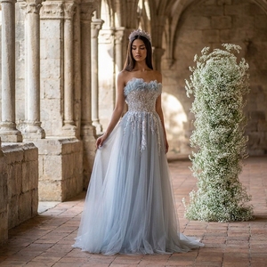 Vestido de Fiesta Elegante Nt135 en Tul Azul Claro con Apliques de Encaje, Tirantes Finos, Corte en A, Largo hasta el Suelo, para Eventos, Jancember - Product Image 1