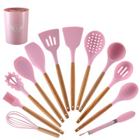 Ensemble d'ustensiles de cuisine en silicone à manche en bois durable de 12 pièces - Expédition prête, vente en gros, outils de pâtisserie, spatule, cuillère à fentes, spatule