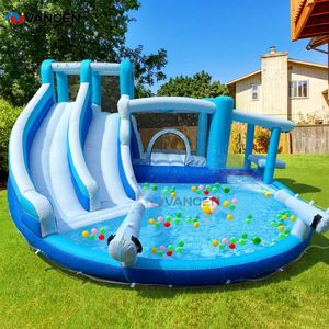 Parque Acuático Inflable 7 en 1 con Toboganes Dobles, Pared de Escalada, Material Oxford 840D y Soplador, para Niños, Diversión al Aire Libre en el Patio Trasero - Product Image 1