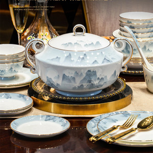 लक्जरी टेबलवेयर सेट सोने की रिम हड्डी चीन सिरेमिक प्लेट सूप कटोरे रात में शाही चीनी मिट्टी के बर्तन सेट - Product Image 2
