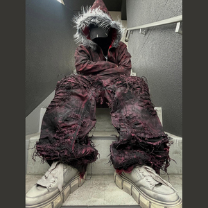 DiZNEW taglie forti <span class=keywords><strong>Jeans</strong></span> da uomo stile personalizzato pantaloni larghi di buona qualità consumati rosso e nero <span class=keywords><strong>Jeans</strong></span> Acid Wash per gli uomini - Product Image 2