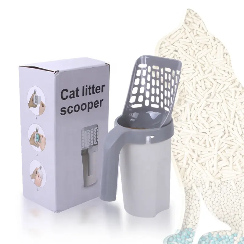 Outil de nettoyage pour animaux de compagnie 2 en 1 pelle à litière pour chat intégrée pelle à litière pour chat détachable portable avec support de sac à ordures