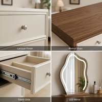 Coiffeuse avec commode de rangement, ensemble de table de maquillage à 6 tiroirs avec miroir LED et tabouret bouclé pour chambre à coucher