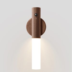 Applique murale en bois LED, lumière de nuit blanc chaud, abat-jour cylindrique, contrôle par capteur, montage en surface, design minimaliste - Product Image 1