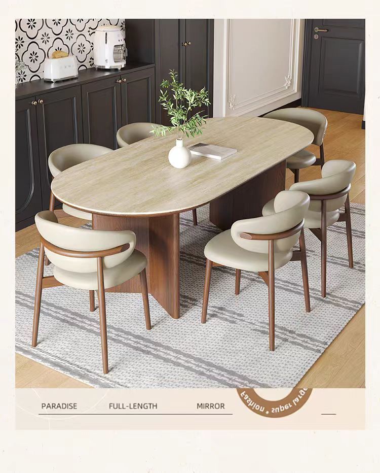 Modern Walnut Oval Dining Table Set – Sintered Stone Top with Solid Wood Legs & 8 Chairs for Restaurant, Kitchen & Home - View 3