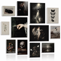 Ensemble de 12 tableaux muraux gothiques sombres, motifs vintage fantôme, crâne, chat noir, papillon, Halloween, impressions encadrées pour décoration intérieure
