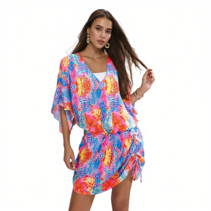 HDJ Traje de baño con mangas de murciélago multicolor, cuello en V, cordón ajustable, minivestido holgado, ropa de playa para mujer, tallas M, L, XL - Product Image 2