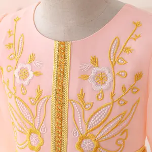 Long Sleeves Pink Muslim Embroidery Flower Girl Dress Fashion Islamic Clothes Kids Birthday Wedding Ball Gown