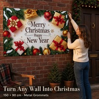 Spanduk Selamat Natal & Selamat Tahun Baru 100D Polyester 150x90cm Kotak Hadiah Grommet Logam Pinus MOQ 1pc Dekorasi Etalase OEM ODM
