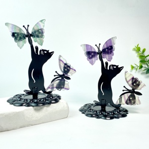 Farfalla in Pietra Preziosa con Due Paia di Ali <span class=keywords><strong>e</strong></span> Supporto a Forma di Gatto Nero, Articolo in Cristallo per Decorazione <span class=keywords><strong>e</strong></span> Regalo - Product Image 2