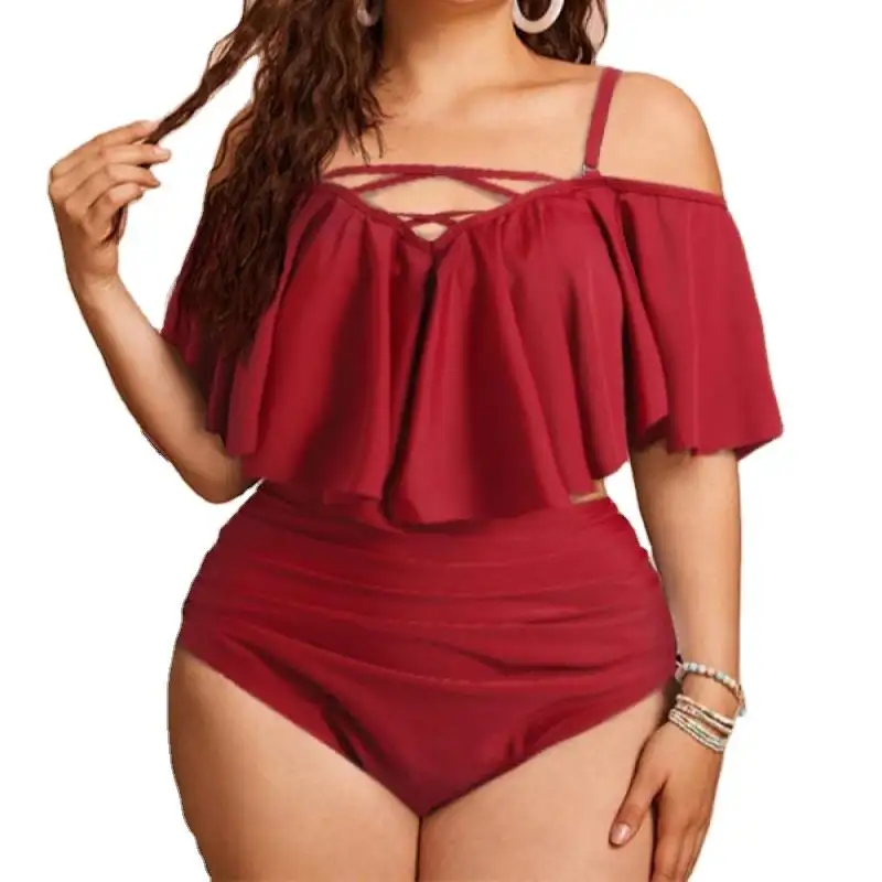 2023 mode grande taille 4XL maillots de bain femme rouge solide à volants Bikini maillot de bain pour dame Sexy