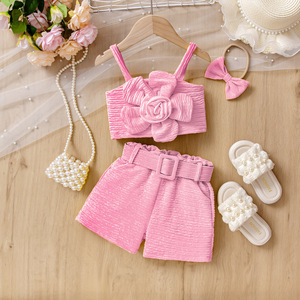 Ensemble d'été INS tendance pour filles : short à bretelles et fleurs 3D multicolores pour enfants de petite et moyenne taille, avec accessoire de tête - Product Image 4