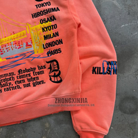 Sweat à capuche zippé streetwear coupe ample 100% coton, design personnalisé OEM/ODM, impression artistique multi-textes, effet vieilli vintage délavé à l'acide