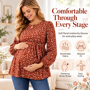 Camicia Premaman con Stampa Floreale, Maniche Lunghe, Collo Tondo, Bottoni, Cintura e Volant, Top per Gravidanza Primaverile - Product Image 2