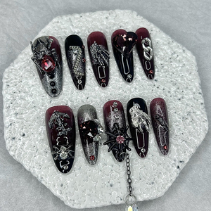 ชุดทำเล็บปลอมสำเร็จรูป 1 ชุด วัสดุ ABS สำหรับฮาโลวีน รูปทรงวงรี สีแดงดำ ลายใยแมงมุม กลิตเตอร์หรูหรา สไตล์โกธิคสีเข้ม ถอดออกได้ - Product Image 3
