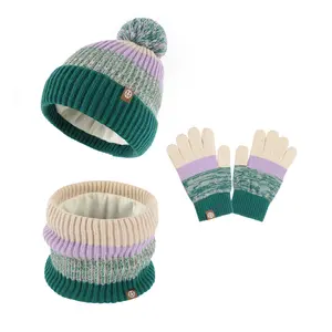 Customized kids scarf three-piece set wool blend plus velvet stripes with pom hat scarf gloves three-piece set to keep warm