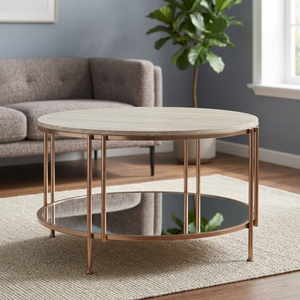 Mesa de centro redonda moderna para sala de estar, mesa con estructura de metal, estante de vidrio, mesa de centro con superficie de mármol para uso en oficina o restaurante. - Product Image 4