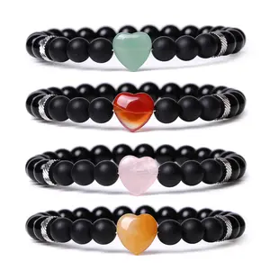 New Simple 1.2inch Heart Charms Lucky Bracelets Natural Stone Beads Yoga Beaded Bracelet Stretch DIY Bracelet For Men And Women