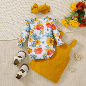 Conjunto de Falda y Mono Floral para Bebé Niña, Traje de Otoño de Manga Larga para Niña Pequeña, Vestido con Tirantes de Pana y Diadema - Product Image 2