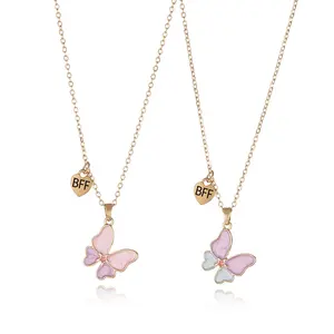 Customized Gold Plated Enamel Butterfly Heart Pendant Cute Kids Girls BFF Friendship Necklaces Parties Engagements Set