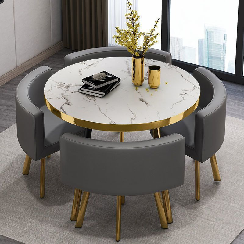 Stone-like pattern table+4 dark gray leather chairs