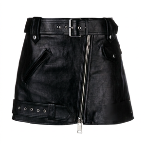 Jupe mini asymétrique en cuir pour femme, taille haute, fermeture éclair, style moto, couleur unie, brillante, toutes saisons - Product Image 1