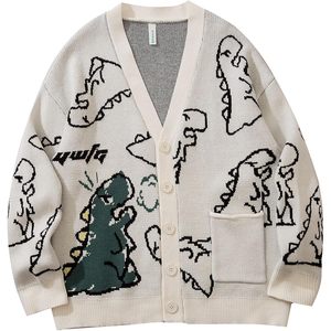 FOXA <b>Mens</b> Dinosaur Knitted <b>Cardigan</b> Cartoon Print Front Pocket Standard Thickness Acrylic Sweater - Product Image 1