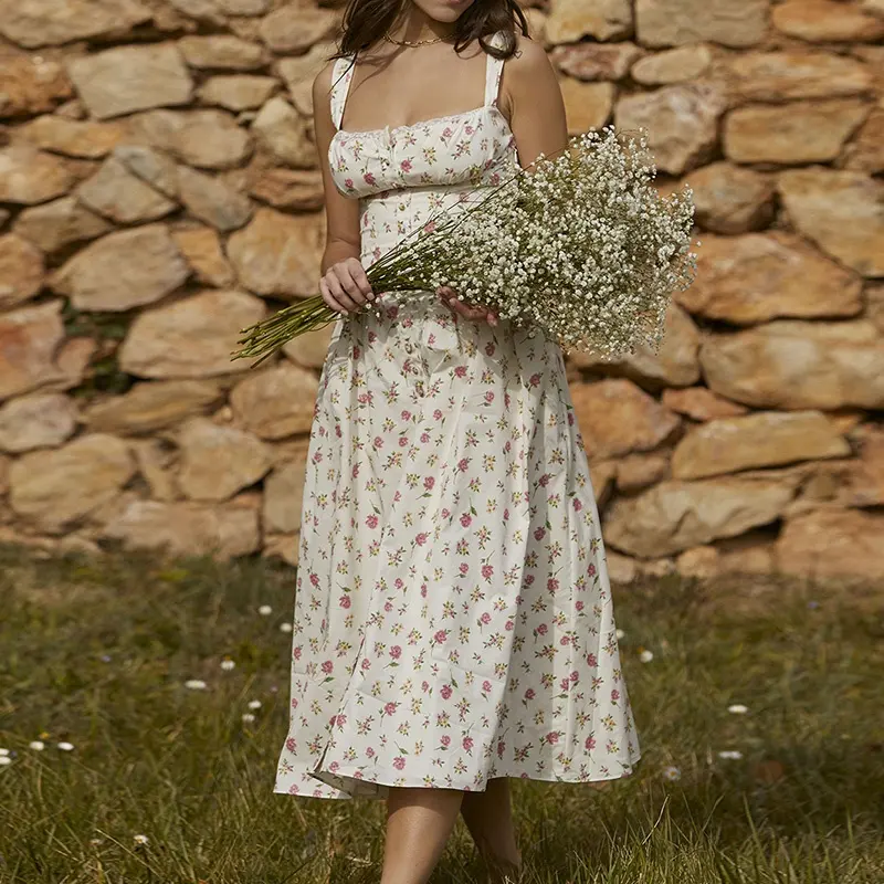 Rose Print Midi Sundress With Ivory Floral Top And Striped Bandage Skirt Women Dresses