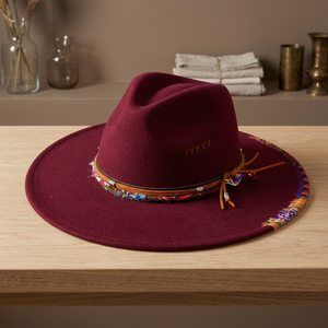 Burgundy Wide Brim Fedora <b>Hat</b> With Ethnic Embroidery <b>Band</b> Unisex Adult Four Seasons Casual Wear 56-58CM - Product Image 1