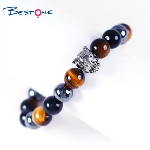 Bestone High Quality Men's Jewelry Nature Stone Beads Bracelet Tiger Eye Hematite Black Agate With Tiger Charm Bracelet