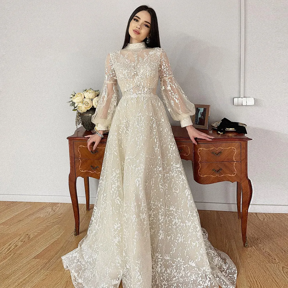 Scz038 Elegant Beige Lace Muslim Evening Dress Luxury Dubai Beaded Long Sleeve Arabic Women Wedding Party Formal Gown