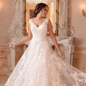 White A-Line Lace Wedding Dress V-Neck Natural Waist Floral Print Polyester Fiber For Petite Brides - Product Image 1