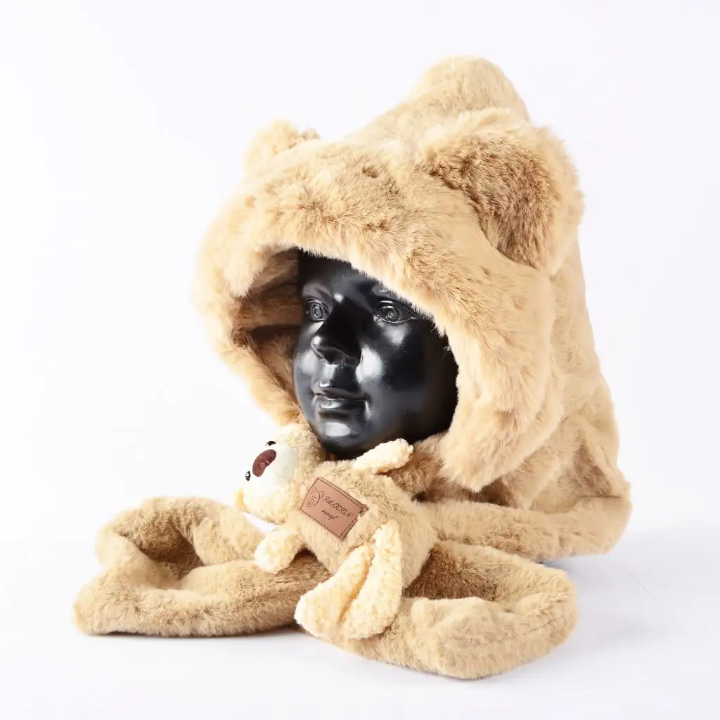 새로운 겨울 귀여운 만화 3 in 1 후드 따뜻한 두꺼운 보호 귀 봉제 곰 모자 어린이 모자 스카프 세트 면 사용자 정의