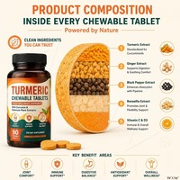 Comprimés à croquer de Curcuma et Curcumine avec Gingembre, Poivre Noir, Boswellia, Vitamines C et D3, Agrumes Tropicaux, 90 unités, OEM ODM