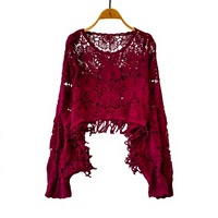 Blouse en viscose/polyester tricotée à manches longues chauve-souris ajourée et tissée à la main pour femme – Nouvelle collection automne