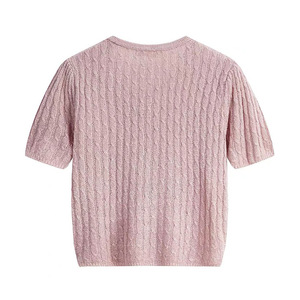 Cardigan tricoté à manches courtes et col en V pour femme, coupe ample, couleur crème glacée, respirant, haut d'été - Product Image 2