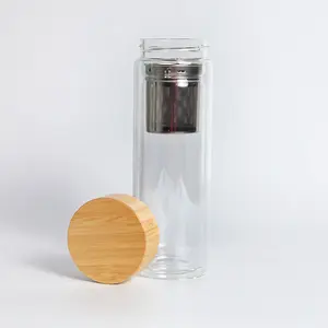 Botella de agua potable con filtro de vidrio de borosilicato, doble pared, para infusiones, con tapa superior de Bambú